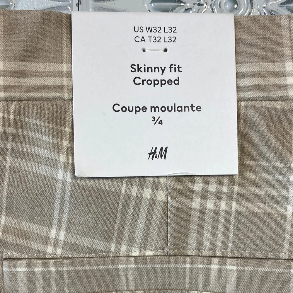 H&M Men's Beige Plaid Skinny Fit Cropped Trousers - NWT - Picture 2 of 10